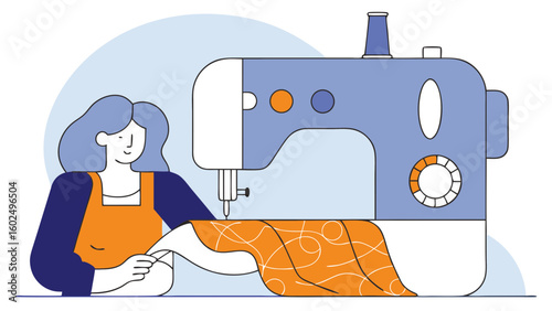 A woman with wavy hair sews fabric on a modern sewing machine, showcasing her creativity in textile arts.
