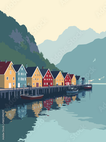 Bergen – Bryggen’s colorful wooden wharf houses reflected in harbor waters beneath misty mountains in crimson red, mustard yellow, fjord blue, and silver fog