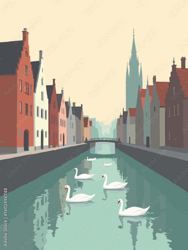 Fototapeta premium Bruges – Canal‑side gabled façades and swans gliding past in brick red, cream white, canal emerald, and misty gray under early morning light