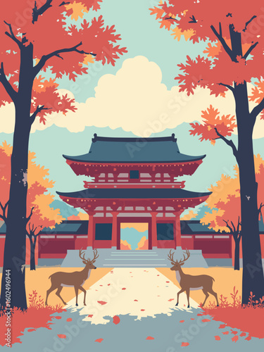 Nara – Todaiji Temple and roaming deer in autumn leaves under golden light in temple vermilion, maple red, deer tan, and sky blue