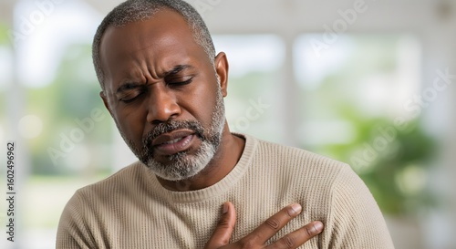An african american man experiences chest pain, possibly a heart attack or angina, clutching his chest with a pained expression. Health emergency or personal struggle concept.