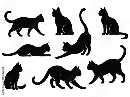 Set of silhouette cats in different poses on white background. 