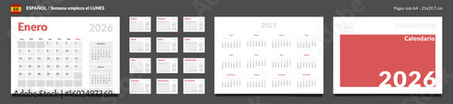 2026 Spanish language Calendar Planner Set of Template Monthly Page, Cover with Place for Photo, Company Logo, Annual 2027. Vector layout of wall or desk calendar with week start Monday. Pages A4
