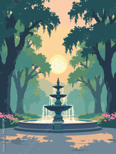 Savannah – Forsyth Park fountain framed by Spanish moss draped oaks at dawn in moss green, blush pink blooms, slate gray pavement, and golden sunrise
