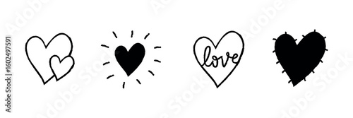Four black heart icons: two overlapping hearts, a radiant heart, a heart with 'love' text, and a spiky heart. Simple black heart designs in a row. Cute hand drawn love doodle, element set. Vectors.