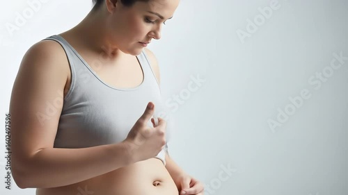 Woman Injecting Medication into Abdomen in Grey Vest with White Background