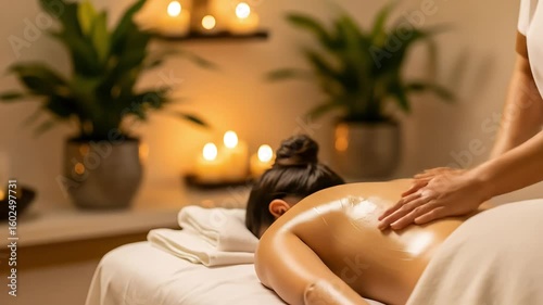 Woman Receiving Body Massage On Spa Table With Aromatherapy Candles and Plants