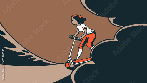 A young girl with dark hair rides a scooter through a swirling cloud, embodying a sense of adventure and freedom.