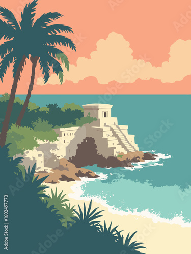 Tulum – Mayan ruins perched above turquoise Caribbean waves and palm canopy in limestone beige, sea teal, palm green, and coral sunset