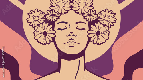 A serene woman with flowers in her hair, embodying tranquility and inner peace in a colorful illustration.