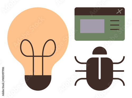 Lightbulb, bug icon, and software window for bugs and debugging process. Ideal for tech, innovation, software testing, coding, troubleshooting, problem-solving and simple flat metaphor
