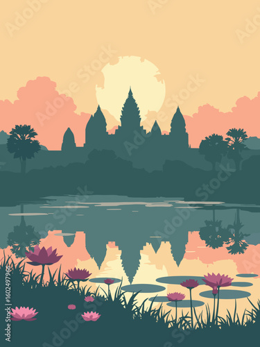 Siem Reap – Angkor Wat silhouetted at dawn over lotus pond reflections in sandstone gold, lotus pink, jungle green, and mist gray