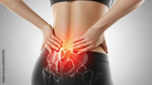 Woman with Back Pain Illustration Showing Red Highlighted Spine And Skeletal System