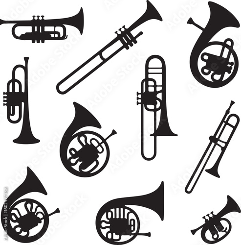 Orchestral Brass Instruments Silhouette Collection - Trumpet, Trombone & French Horn Vector Icons for Music & Band

