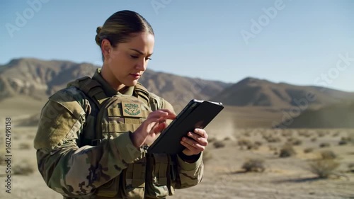 Female soldier in desert using tablet