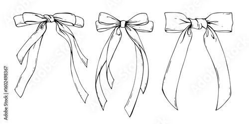 Set of large thin bows coquette with long tails textile from satin and silk ribbons. Illustration hand-drawn in black ink line art graphics. For women, girls, holidays, decoration, accessories, gifts.