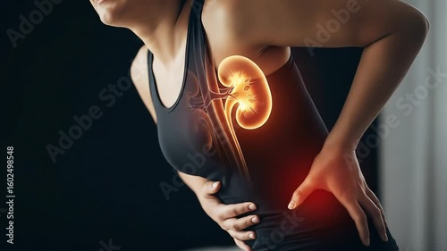 Young Woman in Black Sportswear with Glowing Kidney Overlay Demonstrating Back Pain on Dark Background