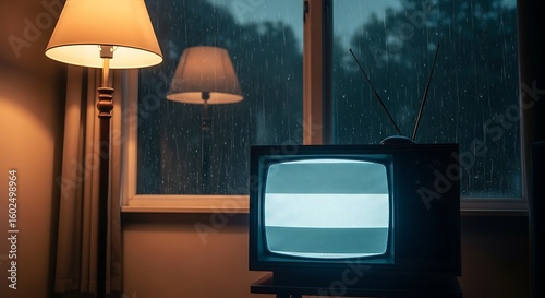 Nostalgic Static on an Old Television Set During a Rainy Day Indoors, Evoking Feelings of Solitude and Past Times.