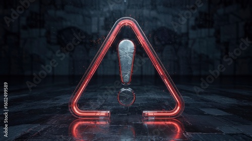 Glowing Neon Red Exclamation Mark Warning Sign on Dark Background