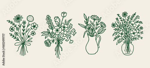 Hand drawn wildflower bouquet collection in vase and tied bunches, botanical floral line art, minimal rustic vintage style illustration set