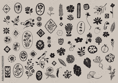 Set of different flowers, brunch and frames from flat editable stroke. Luxury line floral collection for wedding invitation art, design template.