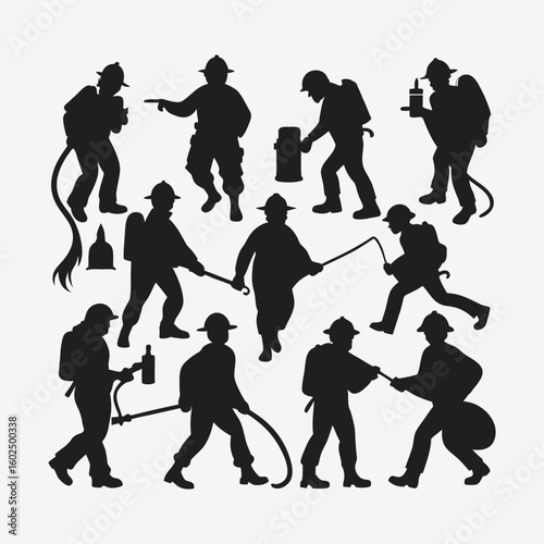 Silhouette Vector of Firefighters in Action with Equipment and Hoses


