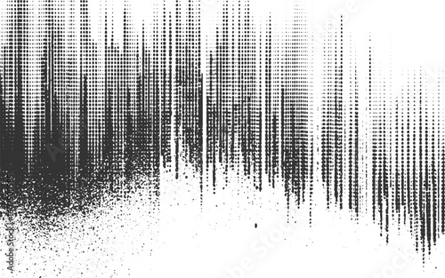 Grunge halftone scratch line. Fading grit noise texture. Dotted pop art sand wallpaper. Abstract grain dot pattern. Vector halftone, Halftone effect dots. Vertical textured transparent background.