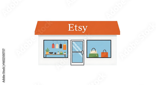 Illustration of etsy store front with orange awning and display windows with various items inside ai genrated