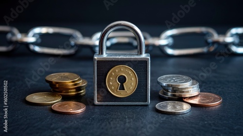 Secured Finances Padlock Protecting Stacks of Coins with a Chain in the Background
