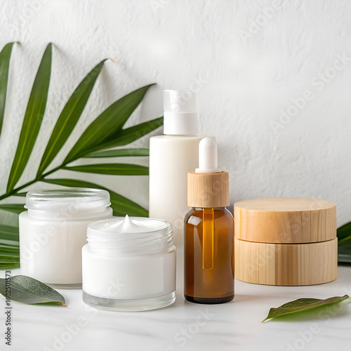 An elegant and minimalist arrangement of various organic beauty products, including white cream jars, a dropper bottle with a wooden cap, and a pump dispenser, accented by fresh green palm leaves 