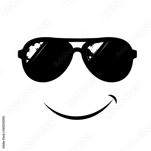 sunglasses vector illustration , A cartoon face with black aviator sunglasses and a simple curved smile line
