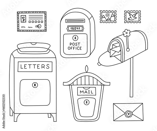 Lovely black and white set with different mailboxes. Vintage, standing on street, residential, public postbox for delivering mail. Diverse post office letter boxes doodle isolated on background.