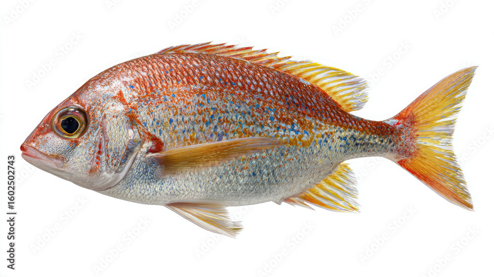 Obraz premium Isolated image of a colorful fish with red and yellow fins against a white background studio shot