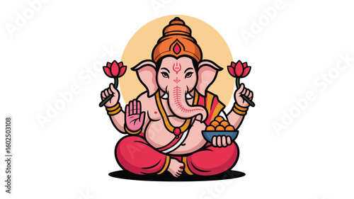 Depiction of the Hindu god Ganesha. Ideal for religious or spiritual themed designs, cultural presentations, educational materials, and meditation resources.