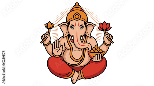 Hindu god Ganesha seated, ideal for religious, cultural, and spiritual designs, including yoga classes, meditation spaces, and cultural events.
