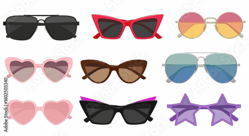 set of colorful sunglasses , Assortment of nine pairs of sunglasses in various shapes and colors displayed