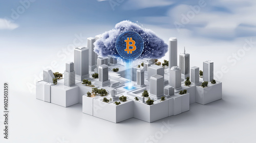Futuristic cityscape featuring cloud with Bitcoin symbol, representing digital currency and technology. scene conveys innovation and finance