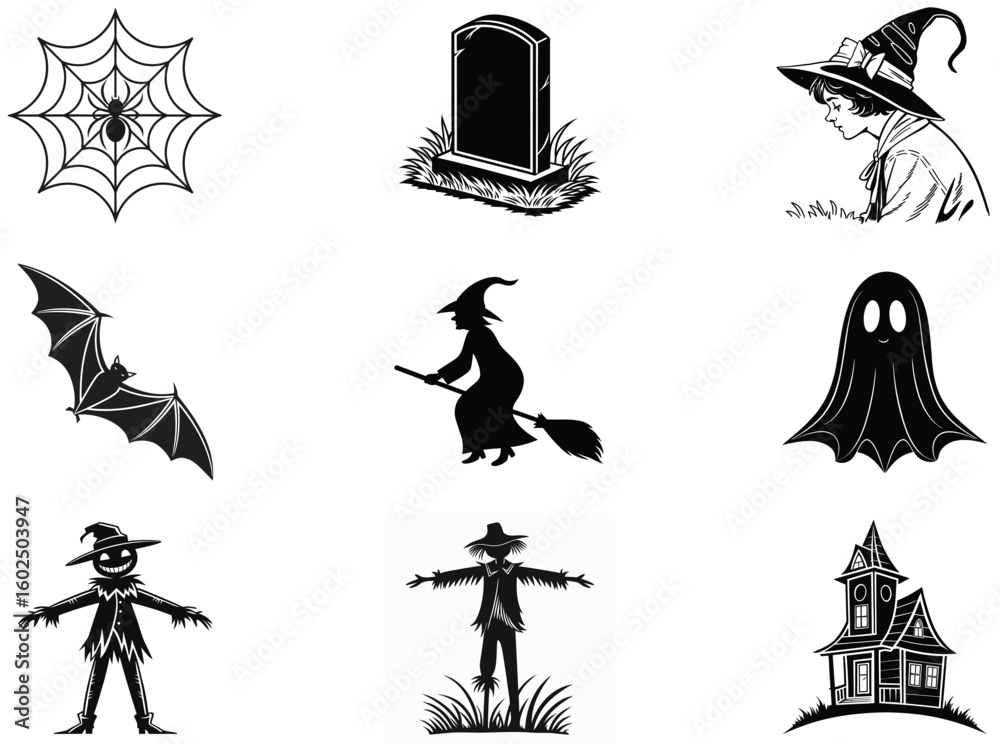 Naklejka premium Halloween Festival Elements Silhouette Monochrome Vector Set