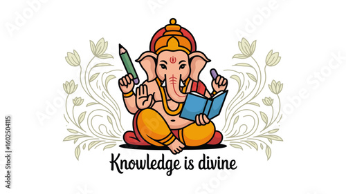 Ganesha with book, pencil, and floral decorations ideal for educational, cultural, spiritual, or creative themed designs, such as posters or cards.