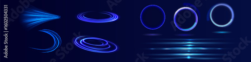 Neon swirl. Curve blue line light effect. Abstract ring background with glowing swirling background. Energy flow tunnel. Blue portal, platform. Magic circle vector.
