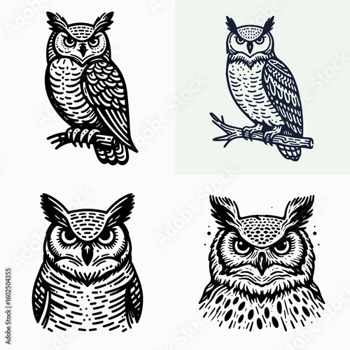 A Great horned owl. Funny Happy Retro Cartoon Clipart Silhouette Line Art Vector Illustration. Big avian predator raptor nocturnal bird wildlife feathered hunter.