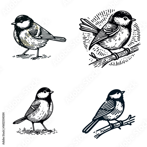 A Great tit. Funny Happy Retro Cartoon Clipart Silhouette Line Art Vector Illustration. Amazing yellow bird lovely wildlife creature member of the avian family.