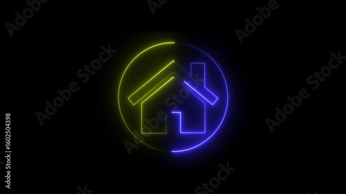 Neon home icon animation, shiny symbol. glowing House, home building animation