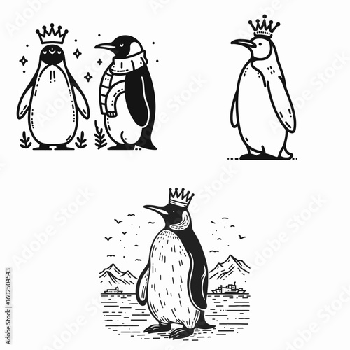 A King penguin. Funny Happy Retro Cartoon Clipart Silhouette Line Art Vector Illustration. royal flightless fowl observe antarctic avian creature habitat in nature.