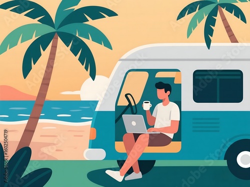 Remote Work by the Beach – Flat Modern Illustration