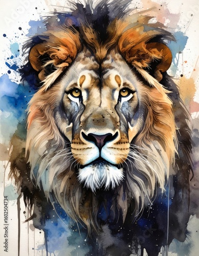 An expressive and colorful watercolor illustration of a powerful male lion's head with a full, flowing mane, set against a dynamic and abstract background of vibrant paint splatters.