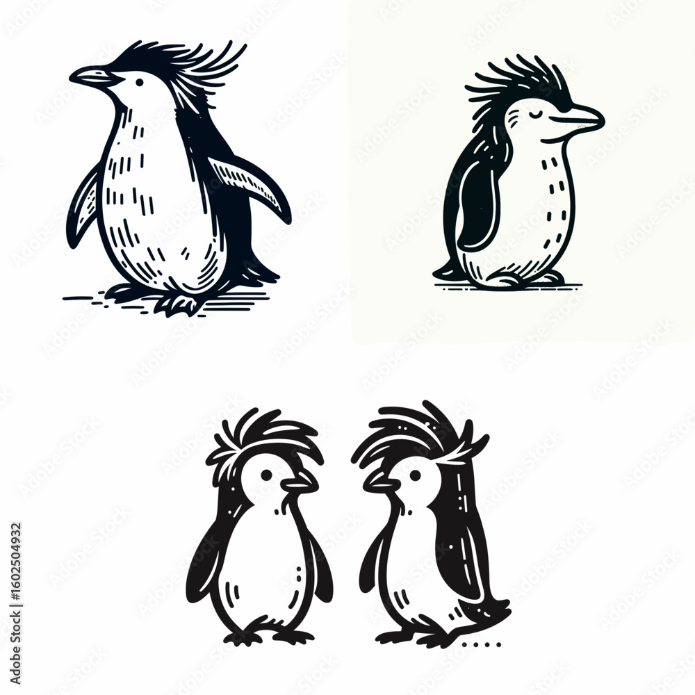 Naklejka premium A Rockhopper penguin. Funny Happy Retro Cartoon Clipart Silhouette Line Art Vector Illustration. One kind of crested bird flightless fowl living near antarctic regions.