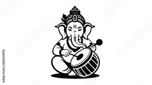 Lord Ganesha playing drum, black and white style. Suitable for spiritual and cultural designs, tattoos, posters, and merchandise items.
