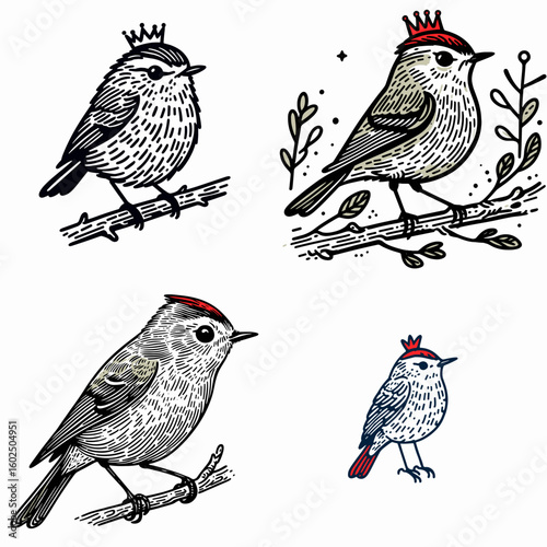 A Ruby crowned kinglet. Funny Happy Retro Cartoon Clipart Silhouette Line Art Vector Illustration. Tiny avian with vivid head patch observation of small colorful bird.
