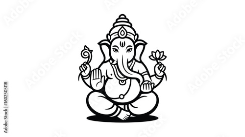 Ganesha, an elephantheaded Hindu god in black and white. Suitable for cultural designs, spiritual content, and diverse religious concepts.